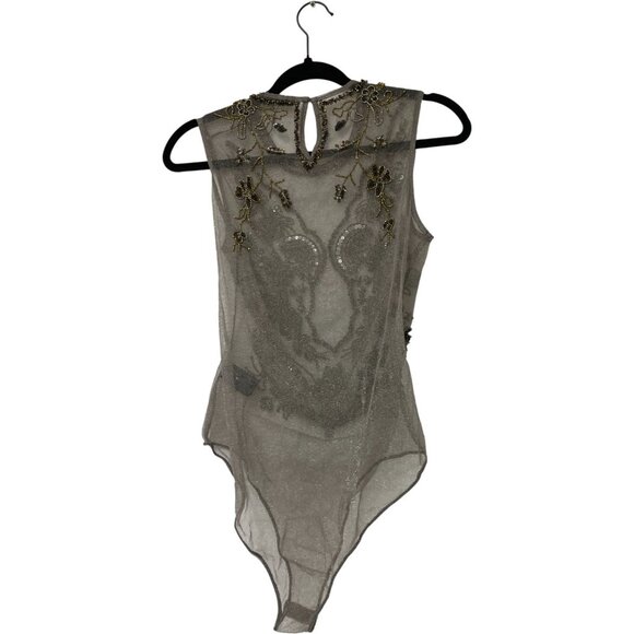 Zara Women Bodysuit Small S Gray Beaded Floral Embellished sheer 7521/200 NWOT - Picture 3 of 12